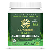Sunwarrior Ormus Greens bottle closeup showing organic nutrition for daily energy.