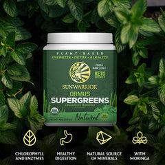 Powder dispensed from Sunwarrior Ormus Greens container for easy mixing.