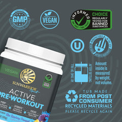 Sunwarrior Pre-Workout ingredients highlight creatine and Lion's Mane for focus and strength.