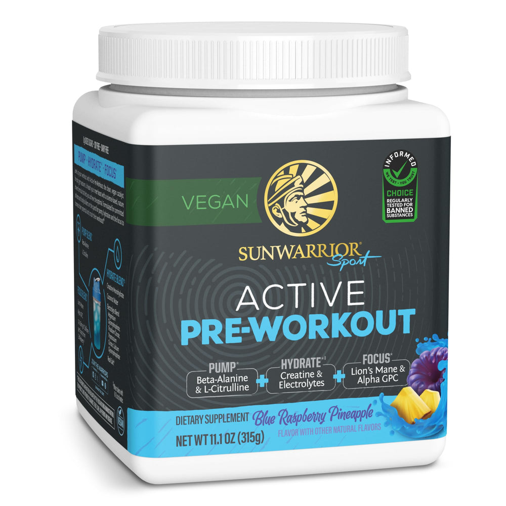 Sunwarrior Pre-Workout tub in blue raspberry pineapple flavor for an energizing pre-workout boost.