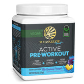 Sunwarrior Pre-Workout tub in blue raspberry pineapple flavor for an energizing pre-workout boost.
