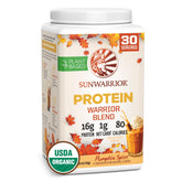 Sunwarrior pumpkin spice vegan protein bottle shows clean, organic formulation for everyday fueling.