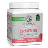 Sunwarrior Raspberry Active Creatine bottle shown on a clean counter, signaling a reliable energy boost