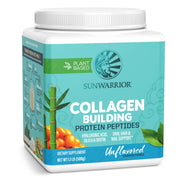 Sunwarrior vegan collagen powder bottle showing dairy-free, plant-based hair and skin support