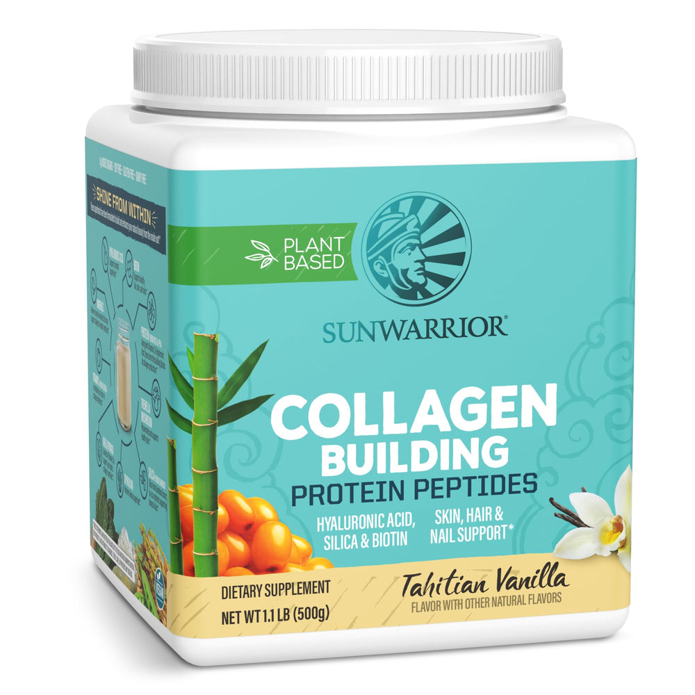 Sunwarrior vegan collagen protein powder vanilla tub front for daily shakes.