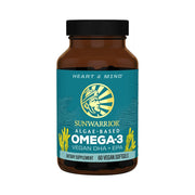 Sunwarrior vegan omega-3 bottle close-up highlighting algae oil for brain and heart support