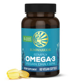 Sunwarrior Vegan Omega-3 algae oil bottle highlighting plant-based DHA and EPA support.