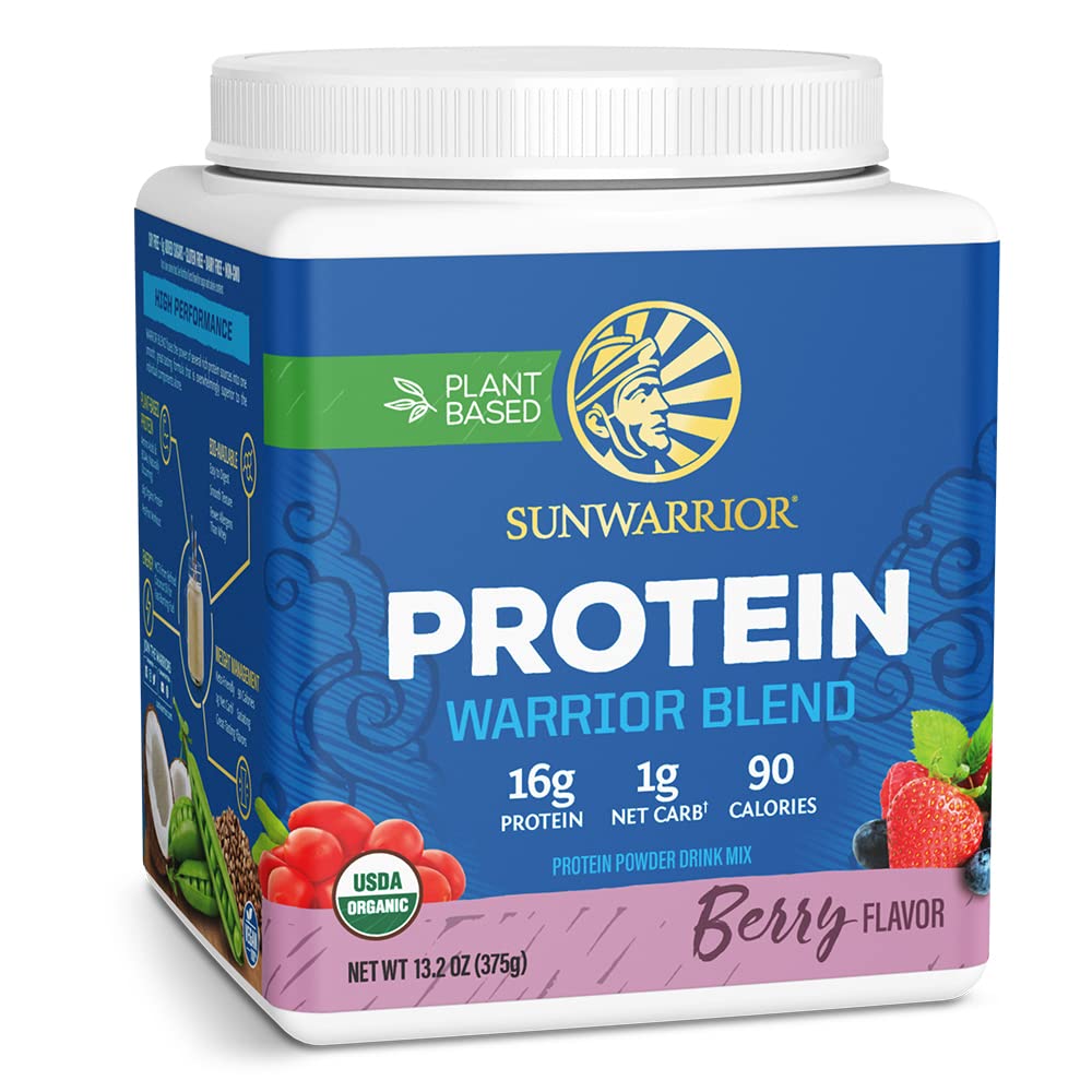 Sunwarrior Warrior Blend Berry powder in a jar for vegan protein on-the-go