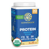 Sunwarrior Warrior Blend vanilla bottle shows plant-based protein for daily workouts.