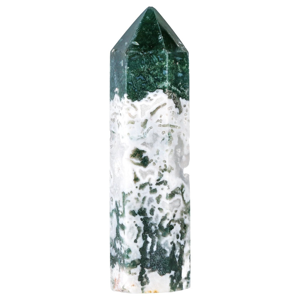 SUNYIK moss agate wand top view showing natural green-to-white banding for meditation ambiance