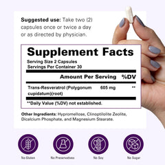 Trans-Resveratrol label from Super Natural Goods highlighting vegan gluten-free formula