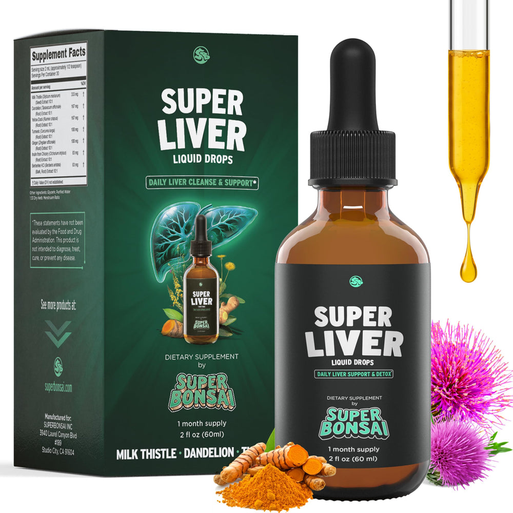 SuperBonsai Super Liver bottle pour demonstrates easy daily dosing for detox support.