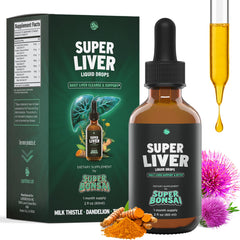 SuperBonsai Super Liver bottle pour demonstrates easy daily dosing for detox support.