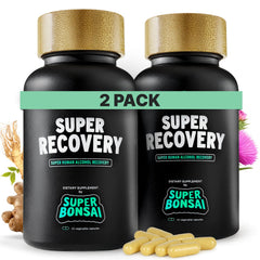 SuperBonsai Super Recovery capsules close-up showing natural ingredients and energy support.