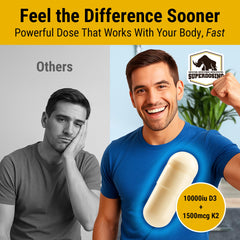 Pouring SuperDosing D3K2 capsules from a bottle for easy dosing