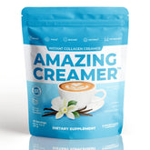 Superfood Tabs Amazing Creamer Vanilla bottle pouring into coffee for smooth flavor.