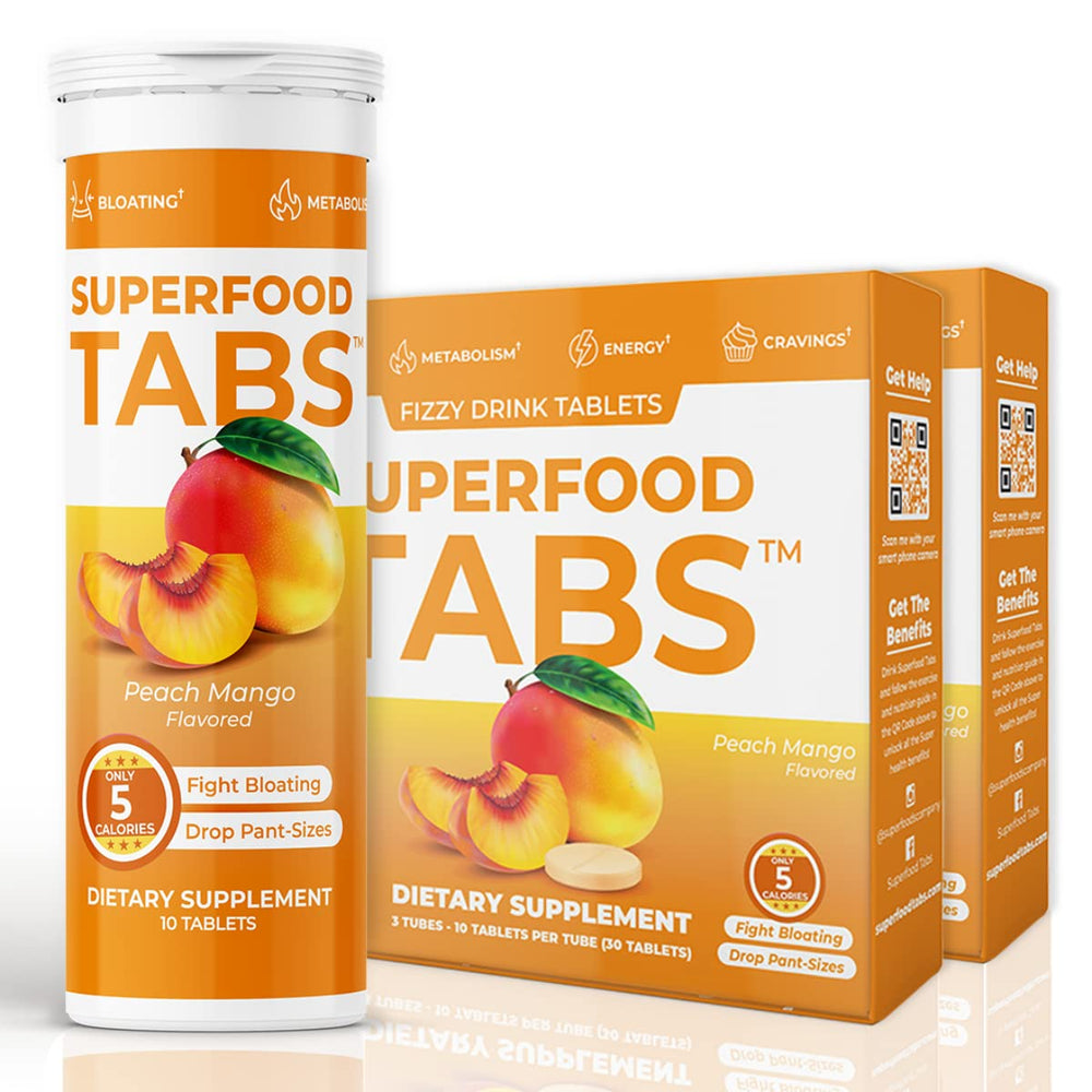 Superfood Tabs bottle close-up highlighting peach mango flavor and energy boost.