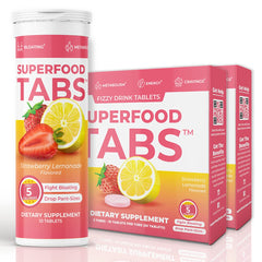 Superfood Tabs detox drink bottle highlighting strawberry lemonade flavor for daily cleanse