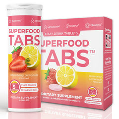 Superfood Tabs detox drink bottle in strawberry lemonade supports hydration and digestive comfort