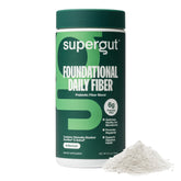 Supergut Foundational Daily Fiber Powder bottle on kitchen counter for easy daily fiber intake.