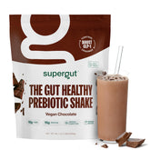 Supergut prebiotic shakes bottle in chocolate flavor emphasizing gut-nourishing nutrition