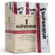 Superieur Electrolyte packets raspberry in glass bottle for refreshing hydration.