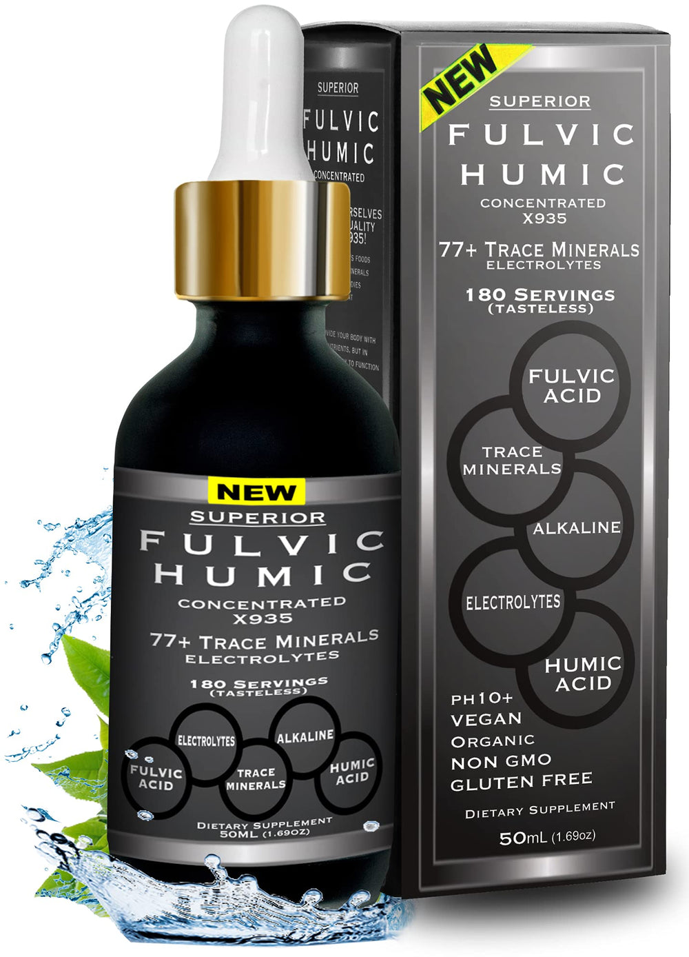 Superior Fulvic Humic X935 bottle being poured for mineral-rich hydration.
