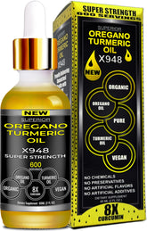 SUPERIOR FULVIC HUMIC X935 oil of oregano with turmeric oil bottle pour for easy daily dosing.