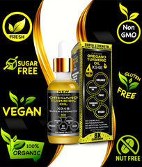 SUPERIOR FULVIC HUMIC X935 oil of oregano with turmeric oil glass dropper for precise servings.