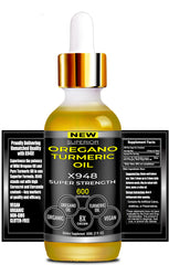 SUPERIOR FULVIC HUMIC X935 oil of oregano with turmeric oil label close-up emphasizes purity.