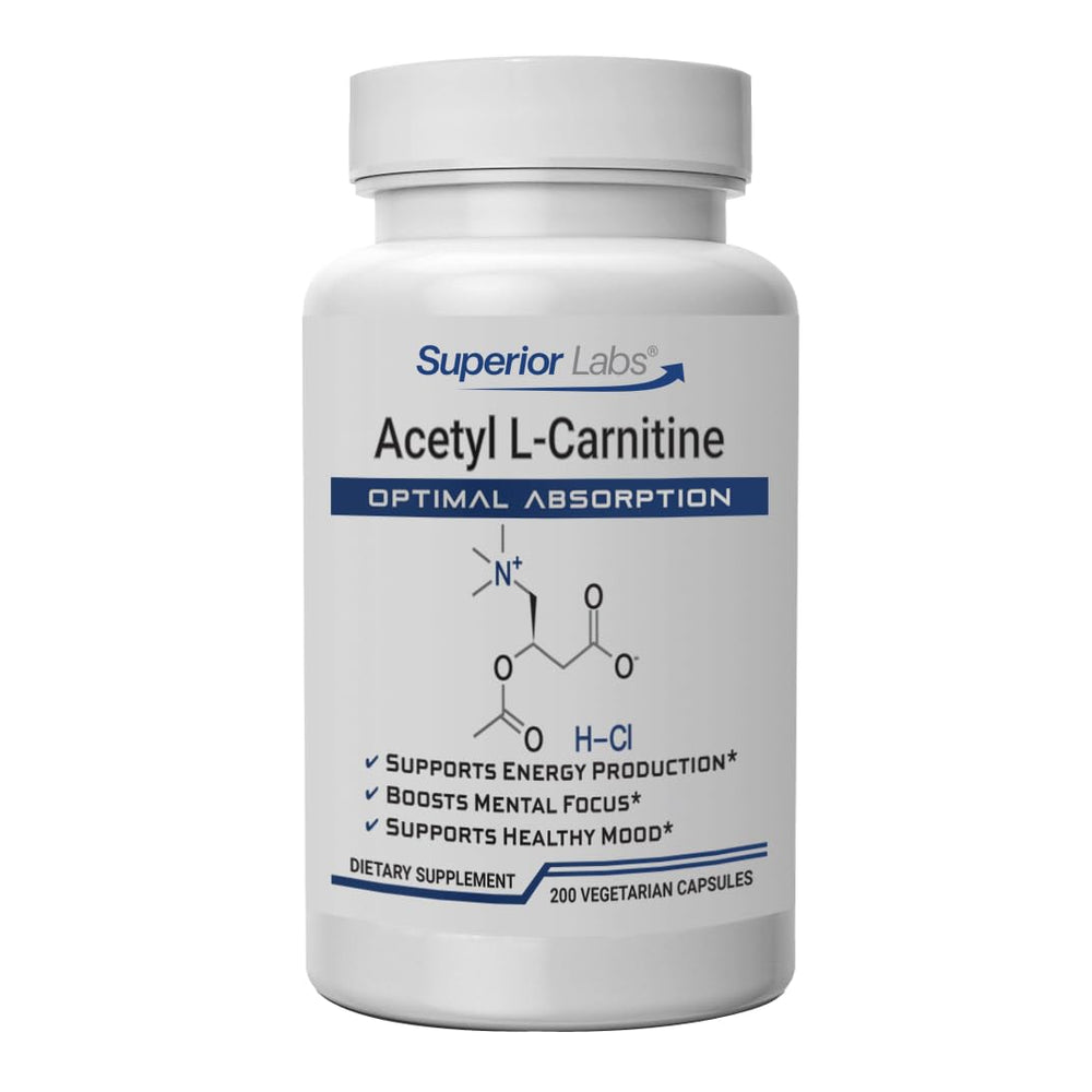 Superior Labs Acetyl L-Carnitine 500 mg bottle promotes energy and focus.