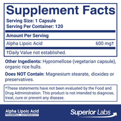Superior Labs Alpha Lipoic Acid 600 mg capsules—high absorption for daily use.