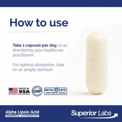 Jar close-up of Superior Labs Alpha Lipoic Acid 600 mg—rigorous purity testing.