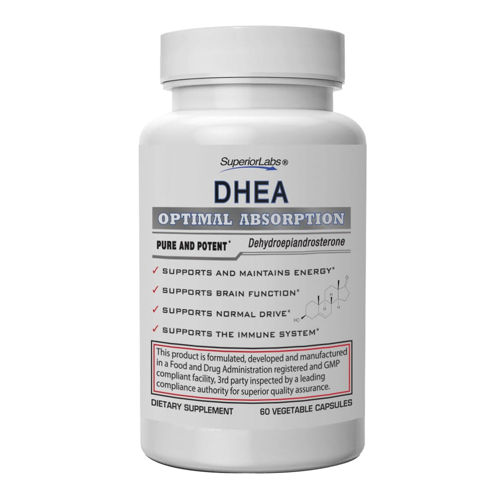 Superior Labs DHEA bottle close-up for daily wellness support.