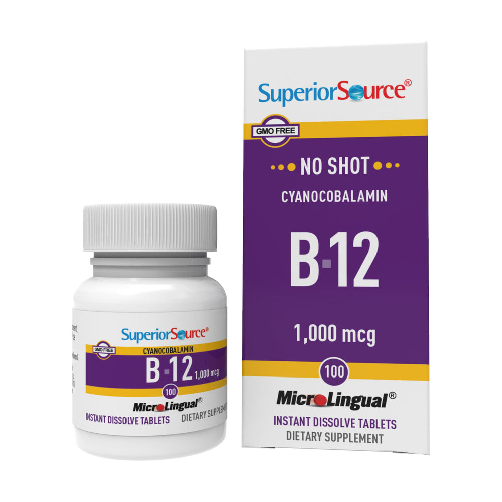Superior Source B-12 tablets in bottle support daily energy and routine.