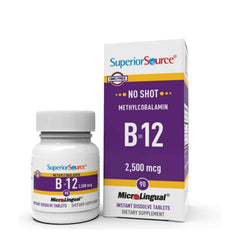 Superior Source B12 methylcobalamin tablet dissolving on the tongue for rapid absorption