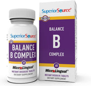 Superior Source Balance B Complex instant-dissolve tablets on tongue for quick energy support