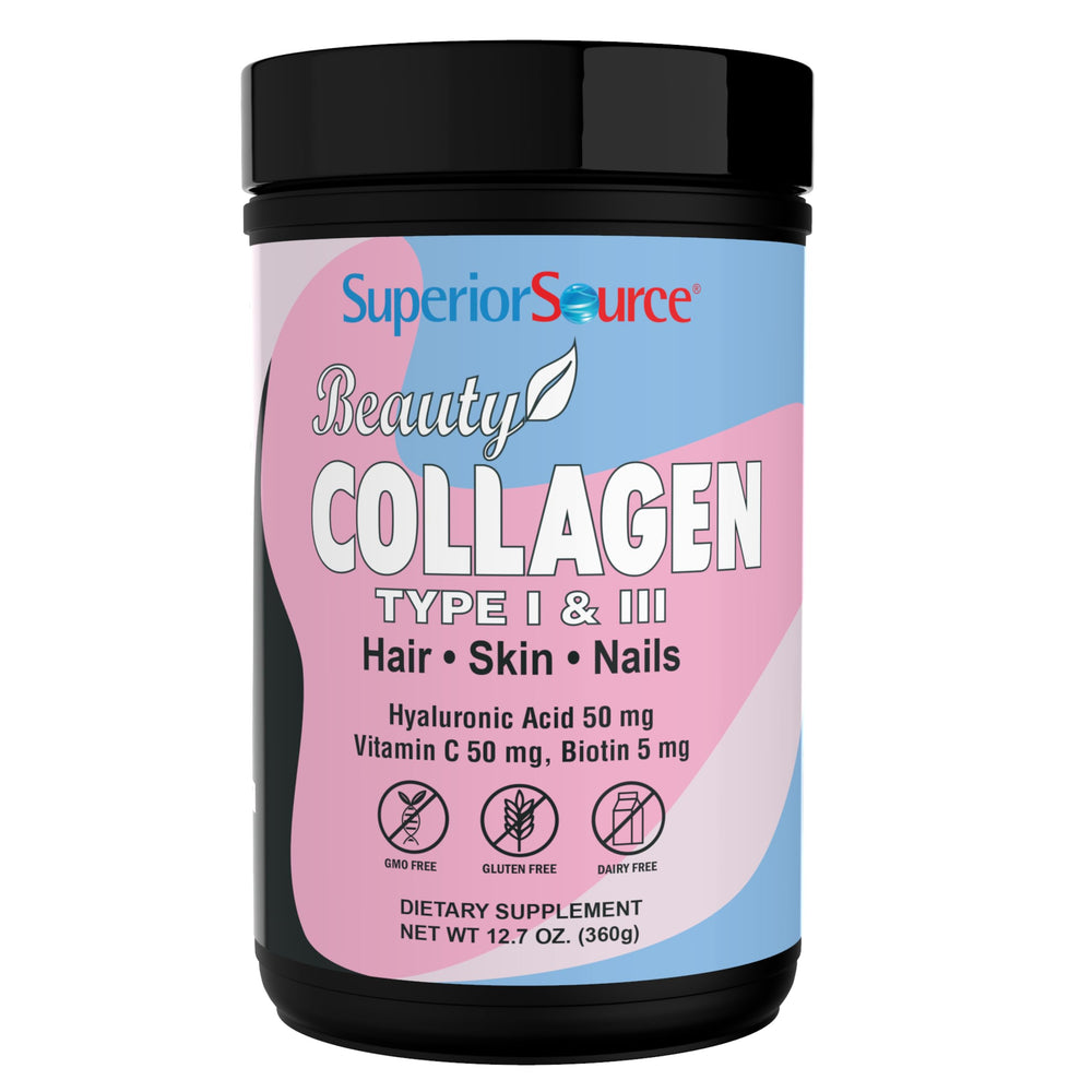 Superior Source Beauty Collagen tub front view, unflavored powder for easy daily mixing.