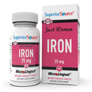 Superior Source Just Women Iron 25mg bottle with tongue-dissolve tablets for fast absorption.