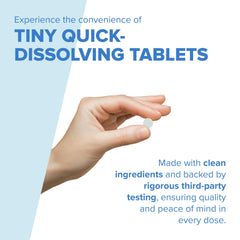 Just Women Iron 25mg tablets dissolving on the tongue for easy daily use.