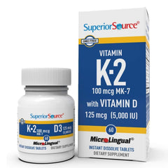 Superior Source K2 MK-7 with D3 bottle showing convenient microLingual tablets for daily use