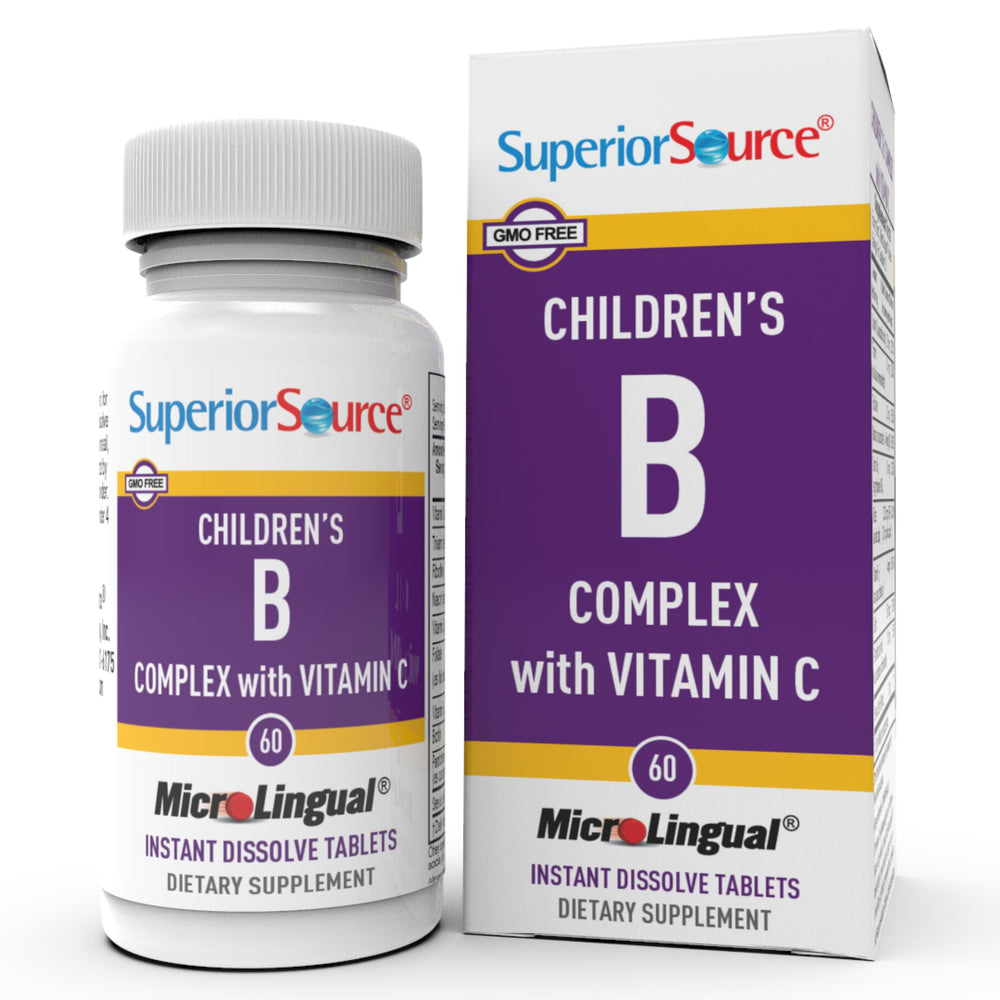 Superior Source Kids B Complex Vitamin C tablets label on bottle for daily immune support.