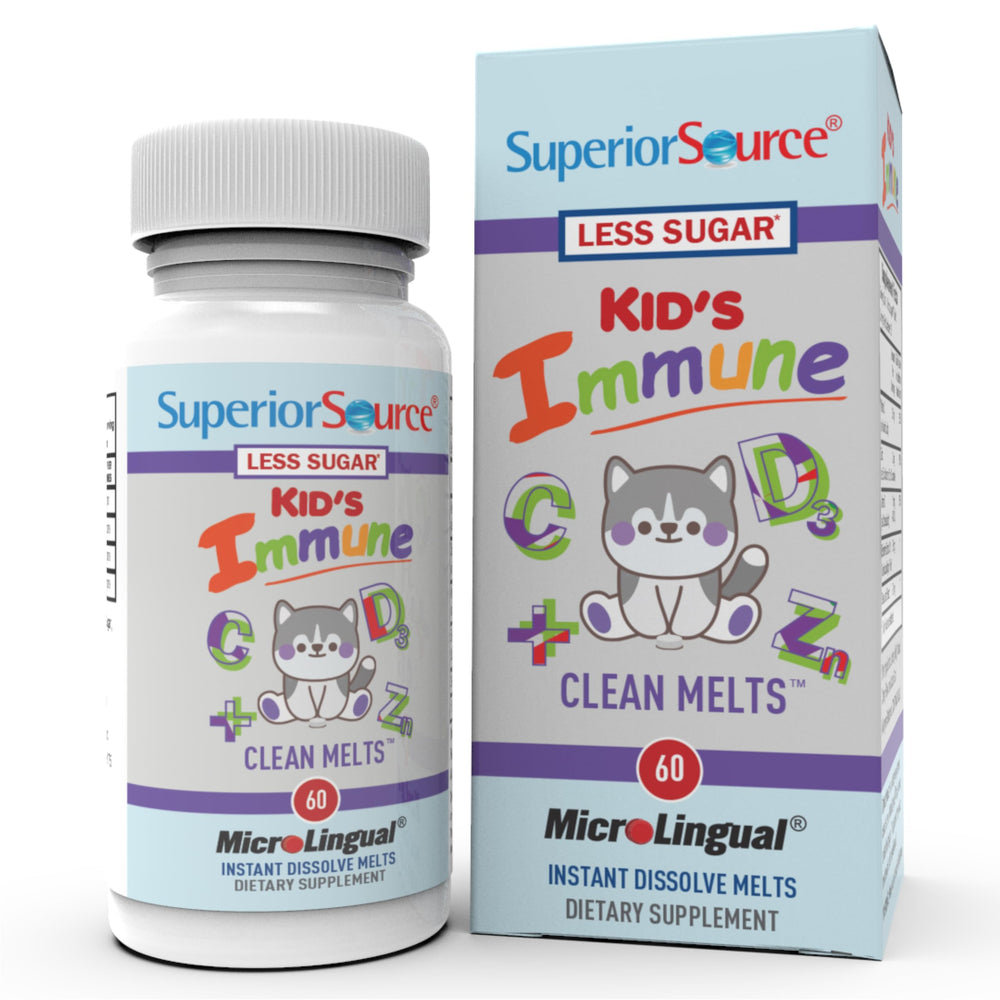 Superior Source Kid's Immune Clean Melts packaging highlights gluten-free, non-GMO immune support for kids.