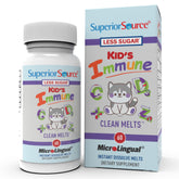 Superior Source Kid's Immune Clean Melts packaging highlights gluten-free, non-GMO immune support for kids.