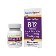Superior Source No Shot B12 dissolving tablet shown, supports convenient daily energy on the go.