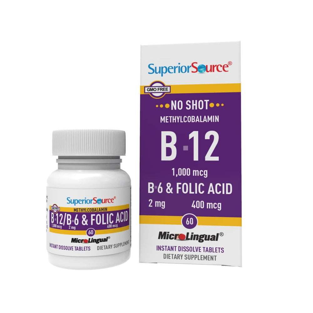 Superior Source No Shot B12 bottle label with methylcobalamin 1000 mcg for energy.
