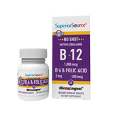 Superior Source No Shot B12 bottle label with methylcobalamin 1000 mcg for energy.