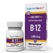 Superior Source No Shot B-12 tablet on tongue for fast absorption and energy support.