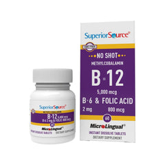 Superior Source No Shot B12 tablets in bottle for fast sublingual absorption.