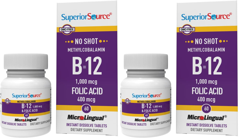 Superior Source No Shot B12 with folic acid tablets dissolve under the tongue for easy absorption.